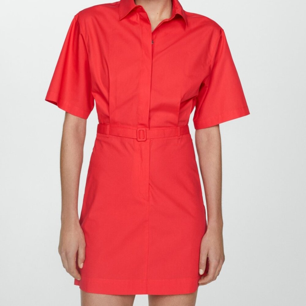 Mango Belted Red Collared Shirt Dress